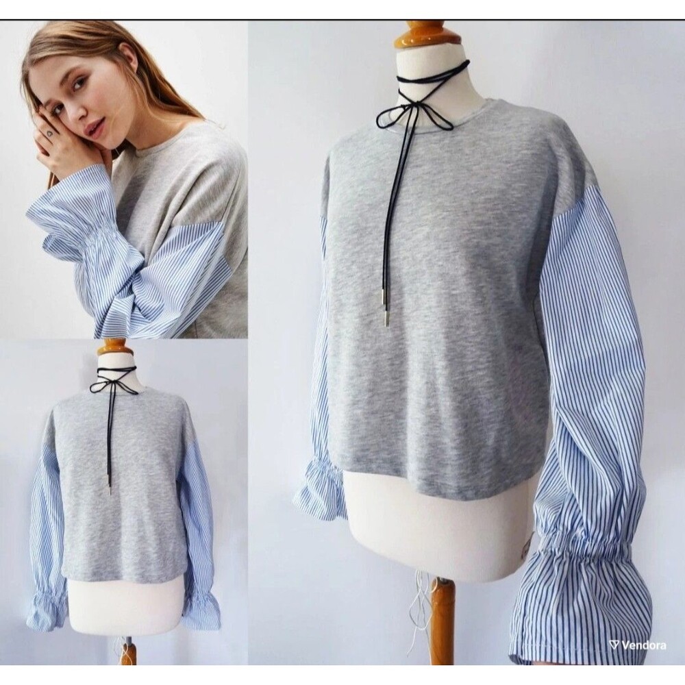 Nwt Tresics ruffle Sleeve grey Top Sz L blue White casual Striped Pullover Shirt